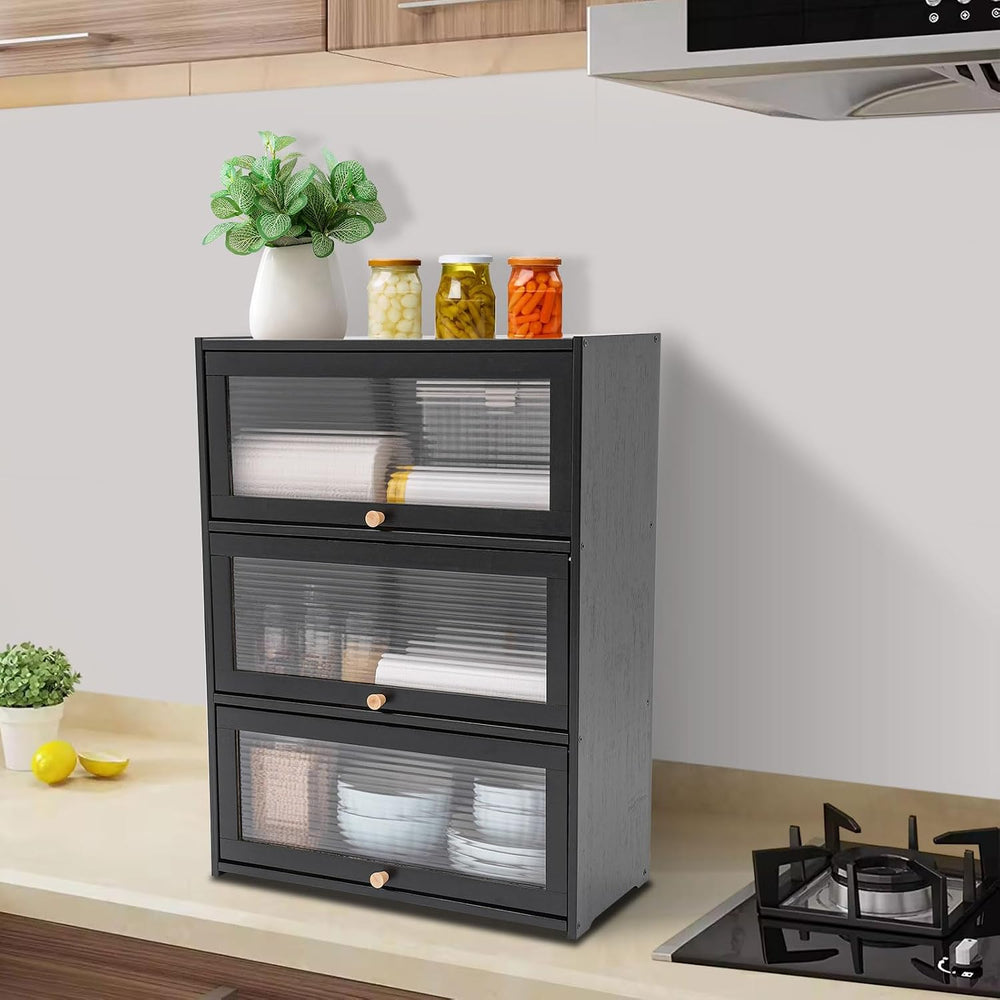 3 Tier Kitchen Pantry Storage Cabinet with with 2 Sliding Striped Glass Doors...