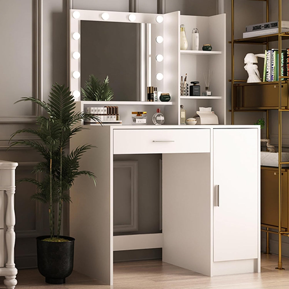 Vanity Desk with Mirror & Light, Three Level Storage Dresser & Large ...