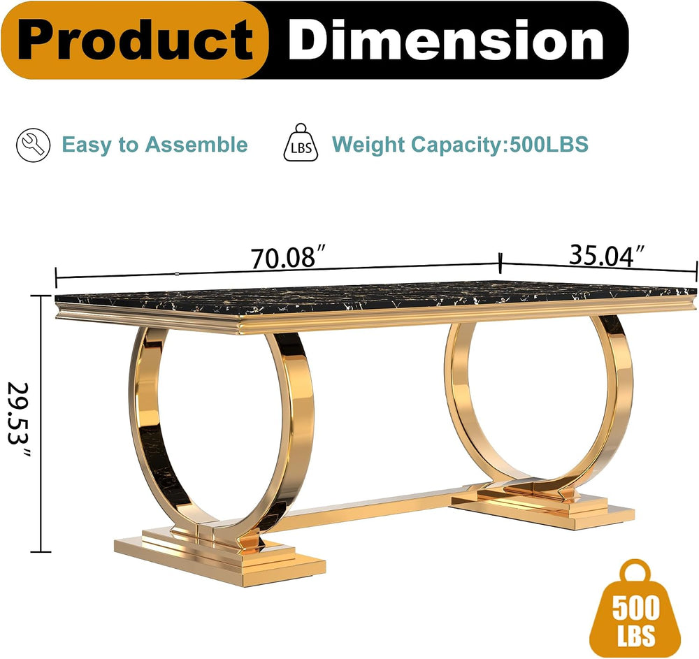 70" Marble Dining Table with Black Faux Marble Top and Gold O-Shape Stai...