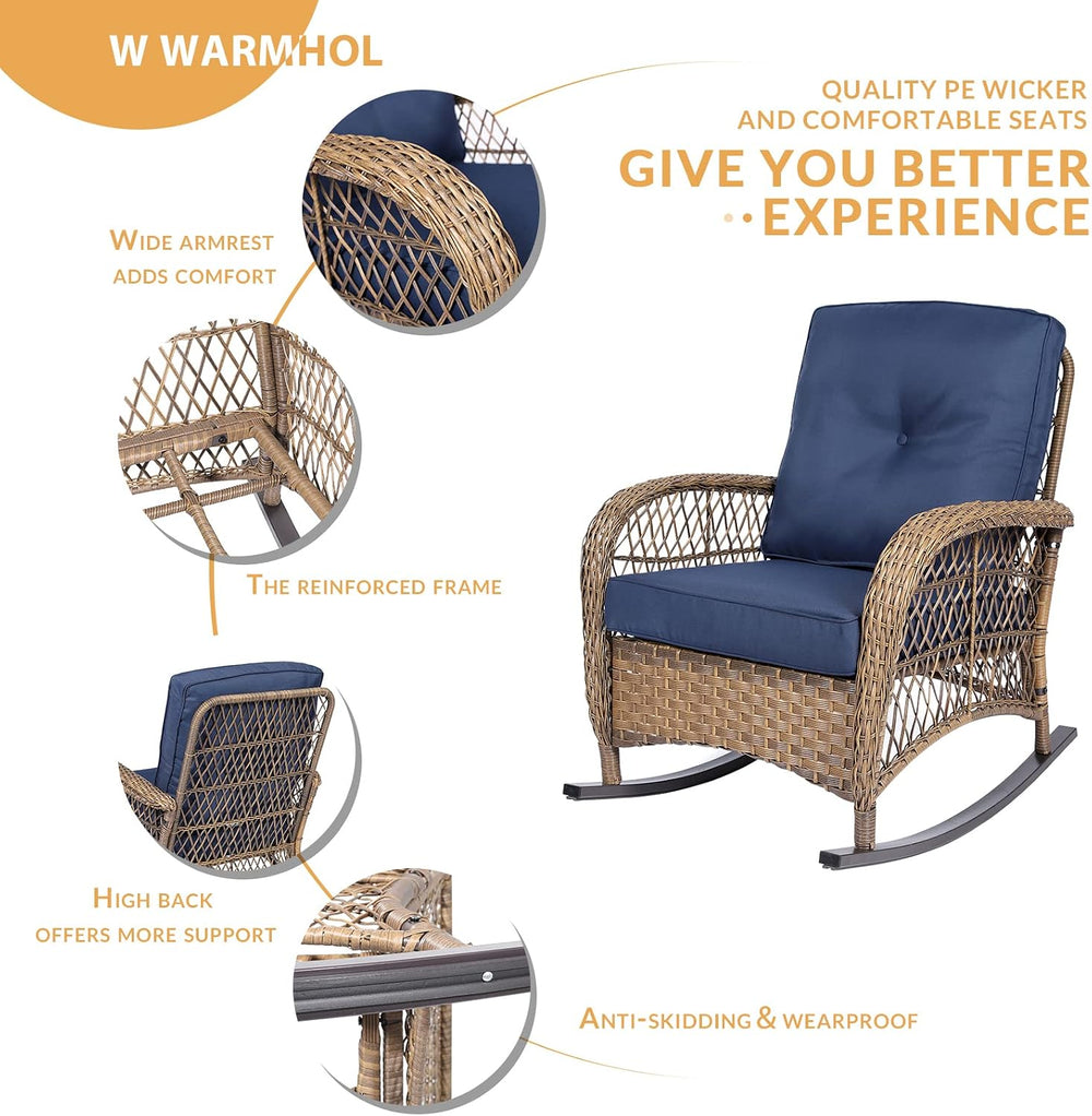 Outdoor Wicker Rocking Chair with Thickened Cushions, All-Weather Rattan Pati...