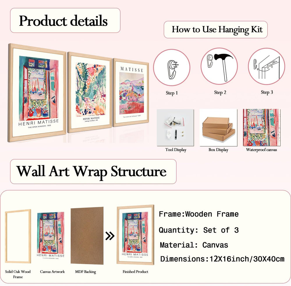 Wooden Framed Matisse Wall Art Set of 3 Abstract Henri Matisse Posters Vintag...