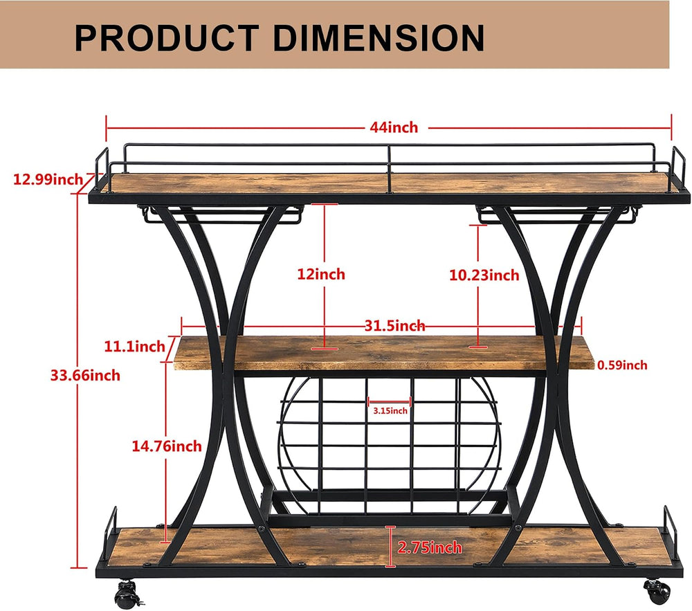 TQVAI Wooden Bar Cart with Wine Rack and Glass Holder, 3-Tier Rolling Bar Ser...