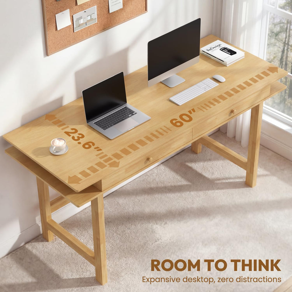 60in Solid Wood Desk - Oak Double-Top Writing Table with Drawers