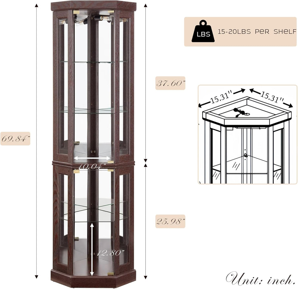 70" Lighted Corner Curio Cabinet, Wood China Display Case with Tempered ...
