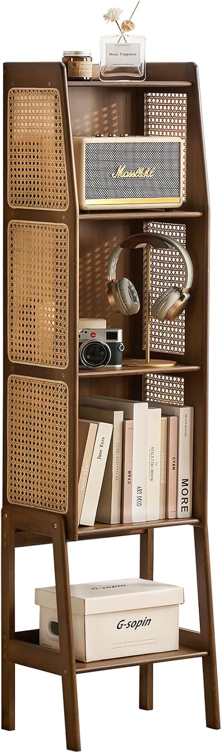 Welnow Bamboo Rattan Bookcase with Cabinet, 3-Tier Storage Shelf with Side Ta...