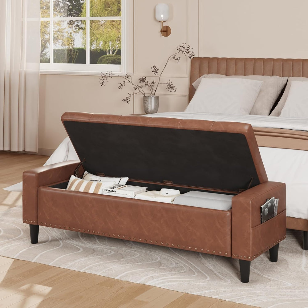 60" Storage Ottoman Bench, Faux Leather Upholstered Bed Bench, Brown | B...