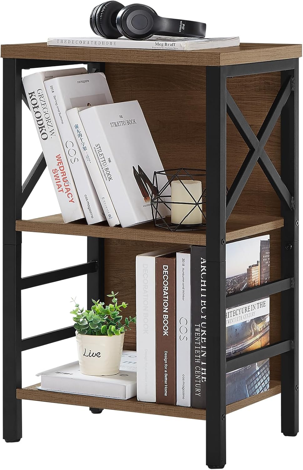 MNEETRUNG Small Bookshelf, 3 Tier Industrial Shelf with Metal Frame and Backb...