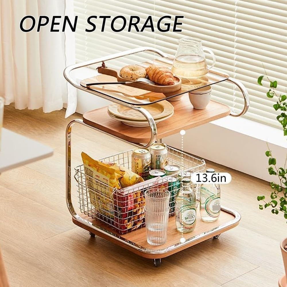 3 Tier Side Table with Glass Desktop TV Tray End Table with Storage Shelf and...