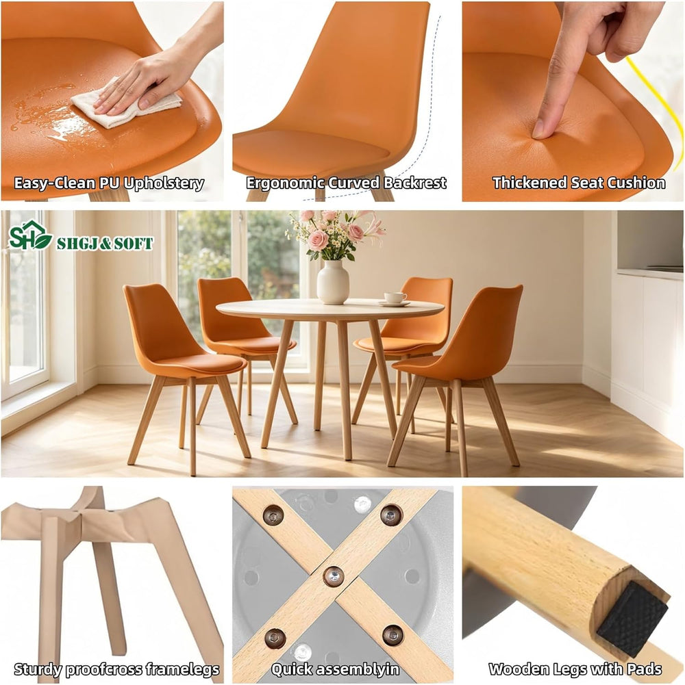 Dining Chairs Set of 4, PU Leather Kitchen Chairs,Wood Legs (Orange, 4 PC)