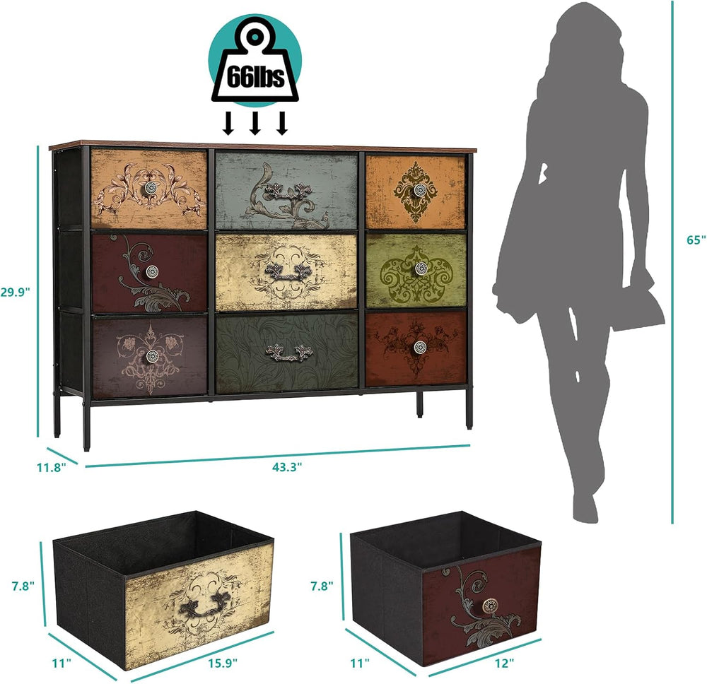 VASICAR Dresser for Bedroom with 9 Deep Fabric Drawers, Wide TV Stand