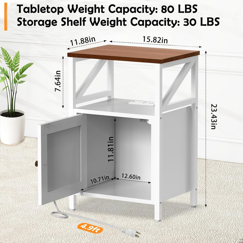 Farmhouse Side Table with Charging Station -3-Tier USB Ports & Outlets En...