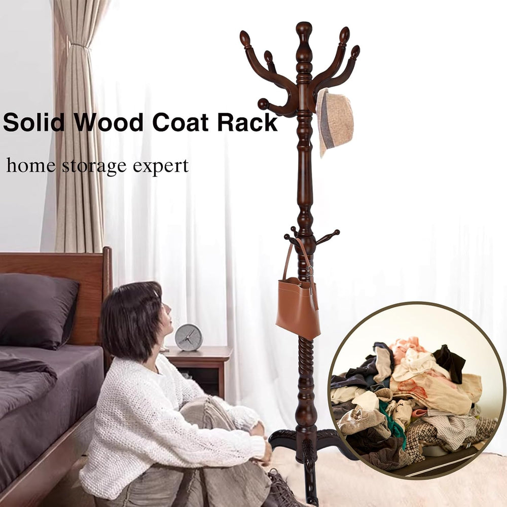 Wooden Coat Rack Freestanding, Hall Tree Hanger With Resin Hooks, Adjustable ...