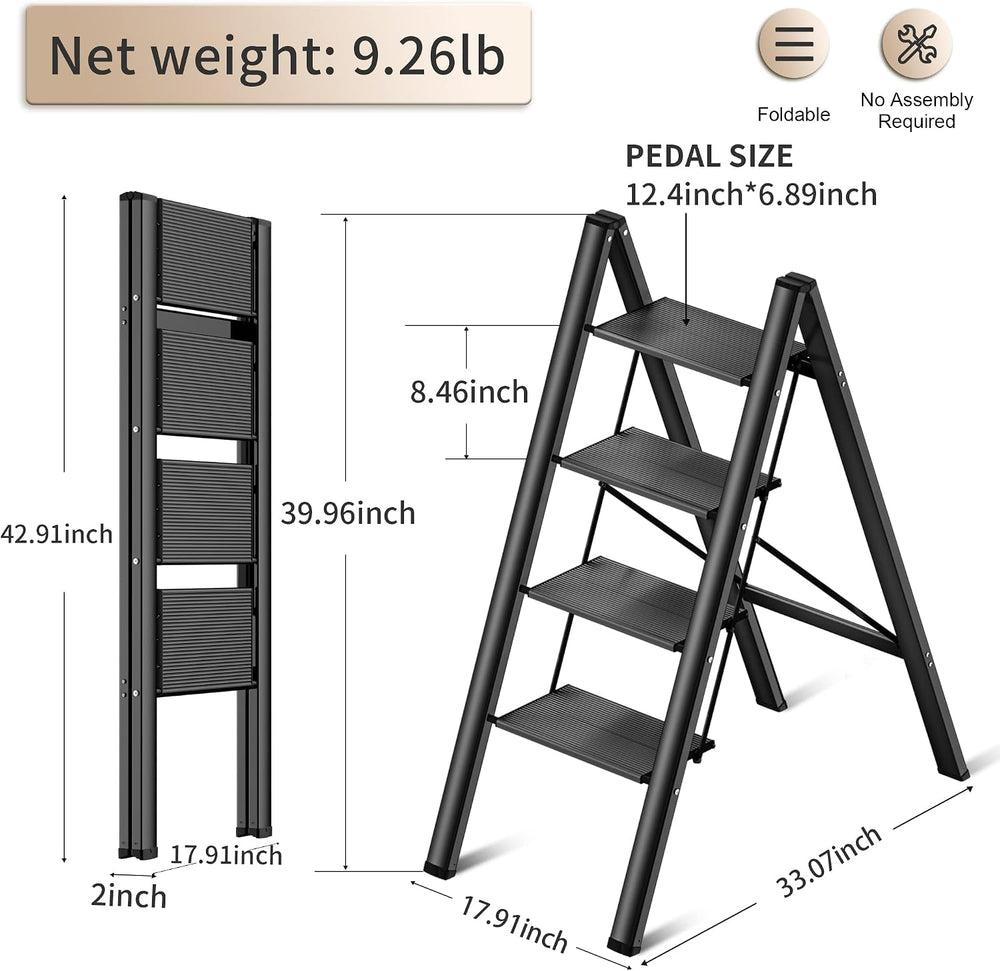 4 Step Ladder Foldable Step Stool, Aluminum Stepping Stools for Adults, Wide ...