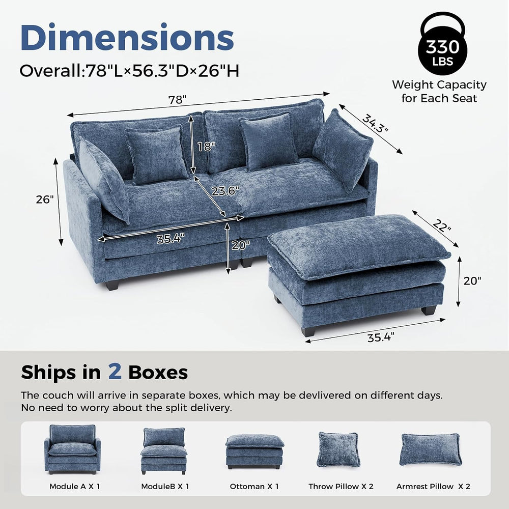 Redlife 78" Modular Sectional Loveseat Sofa with Ottoman