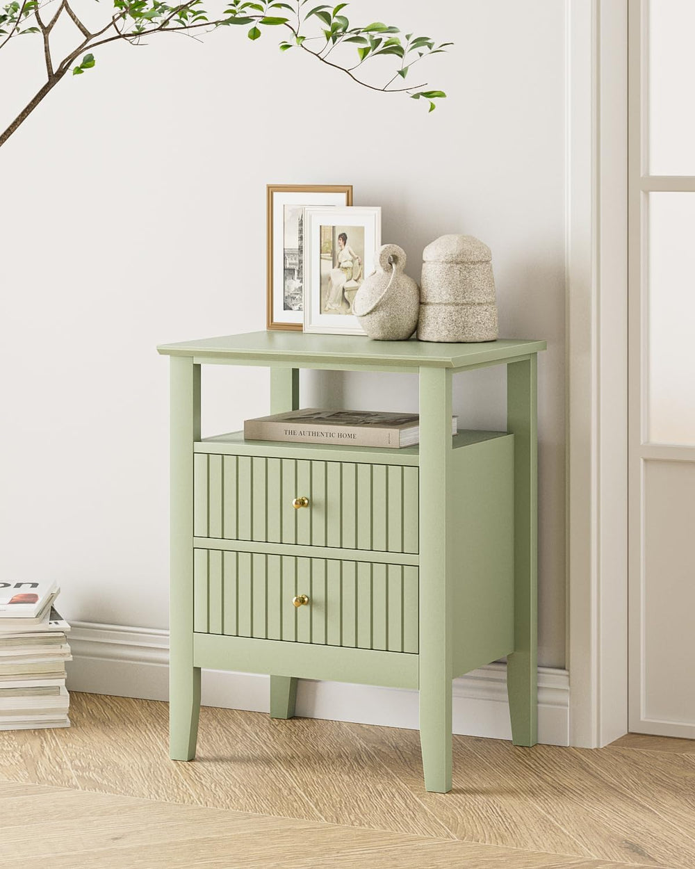 Fluted Nightstand, Farmhouse Night Stand with 2 Drawers, Mid Century Modern S...