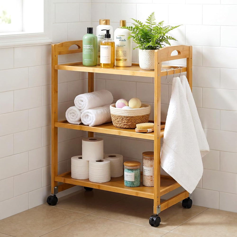 3 Tier Rolling Cart, Bamboo Storage Cart on Wheels with 3 Side Hooks & Ad...