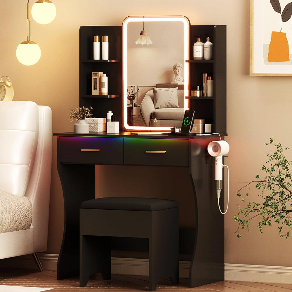 Vanity Desk with LED Lights Mirror & Power Outlet, Small Makeup Vanity Ta...