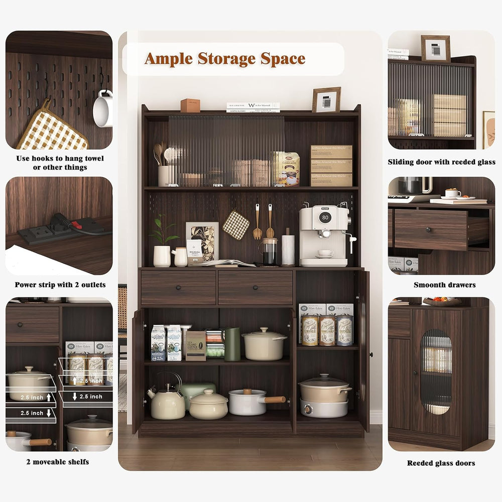 71" Freestanding Kitchen Pantry, Large Dish Storage Cabinet with Fluted ...