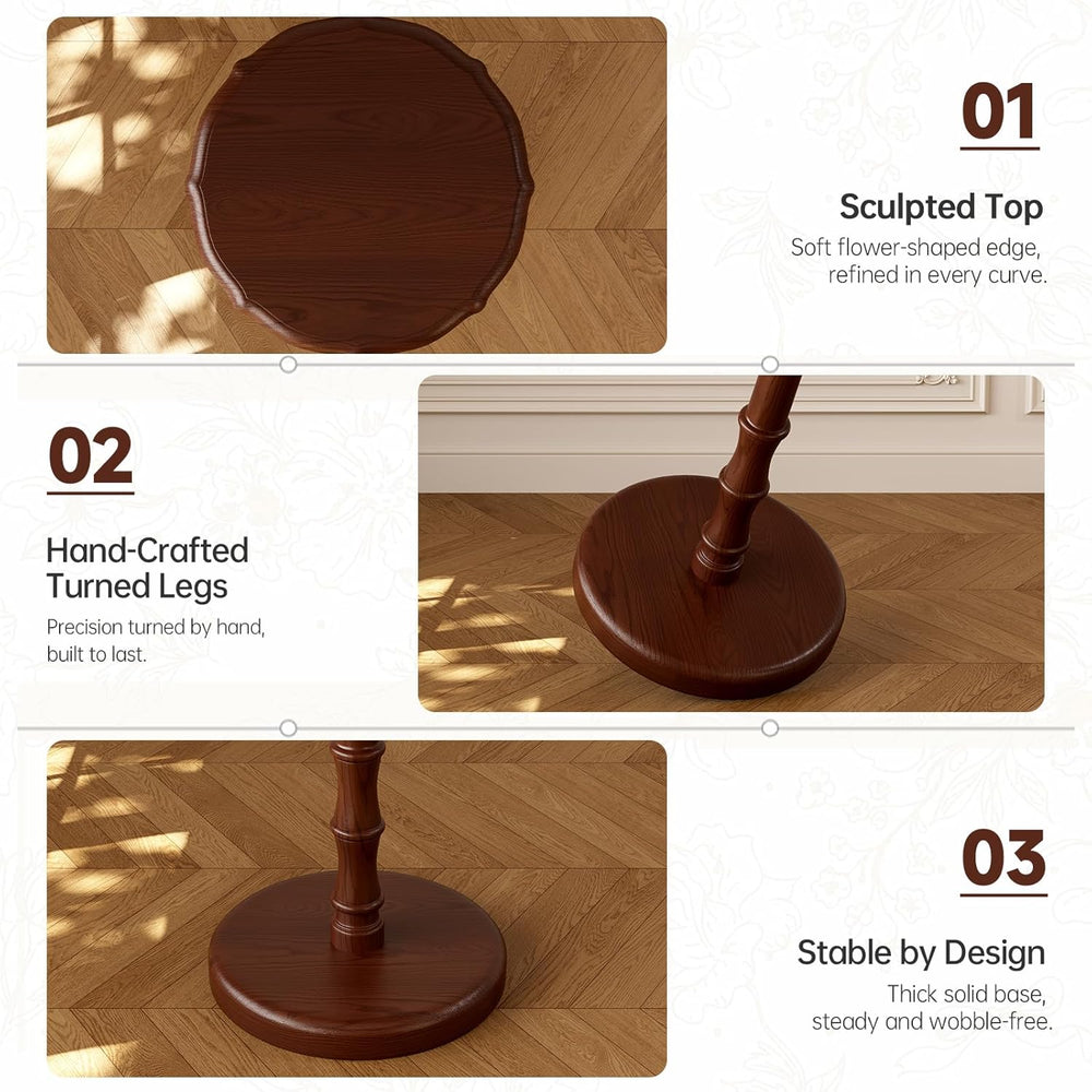 Vintage Pedestal Side Table, 100% Solid Wood Round End Table, Walnut | Small ...