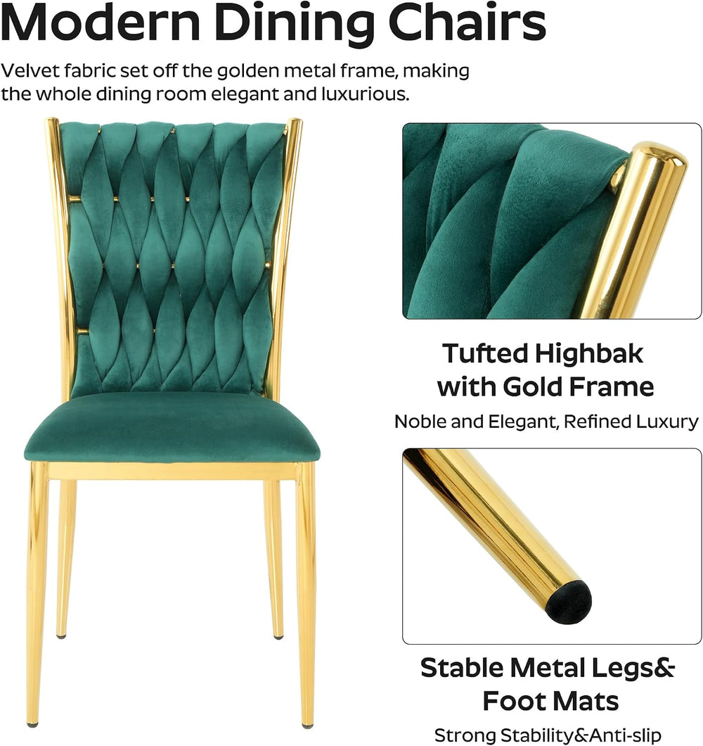 Velvet Dining Chairs Set of 6, Woven Upholstered Dining Chairs with Gold Meta...