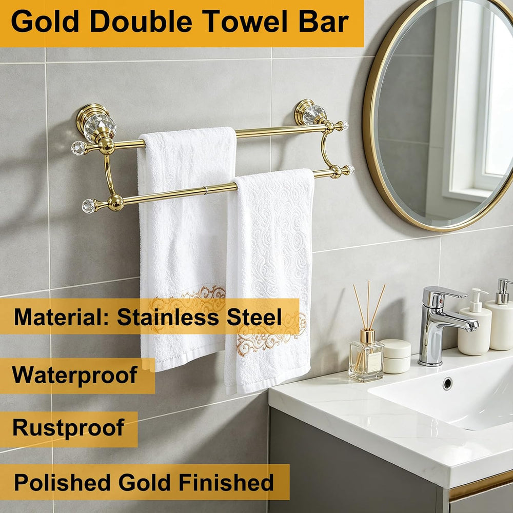 Gold Double Towel Bar, Adjustable Crystal Towel Racks for Bathroom