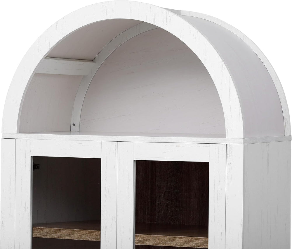71" White Arched Farmhouse Kitchen Pantry Cabinet with Glass Doors &...