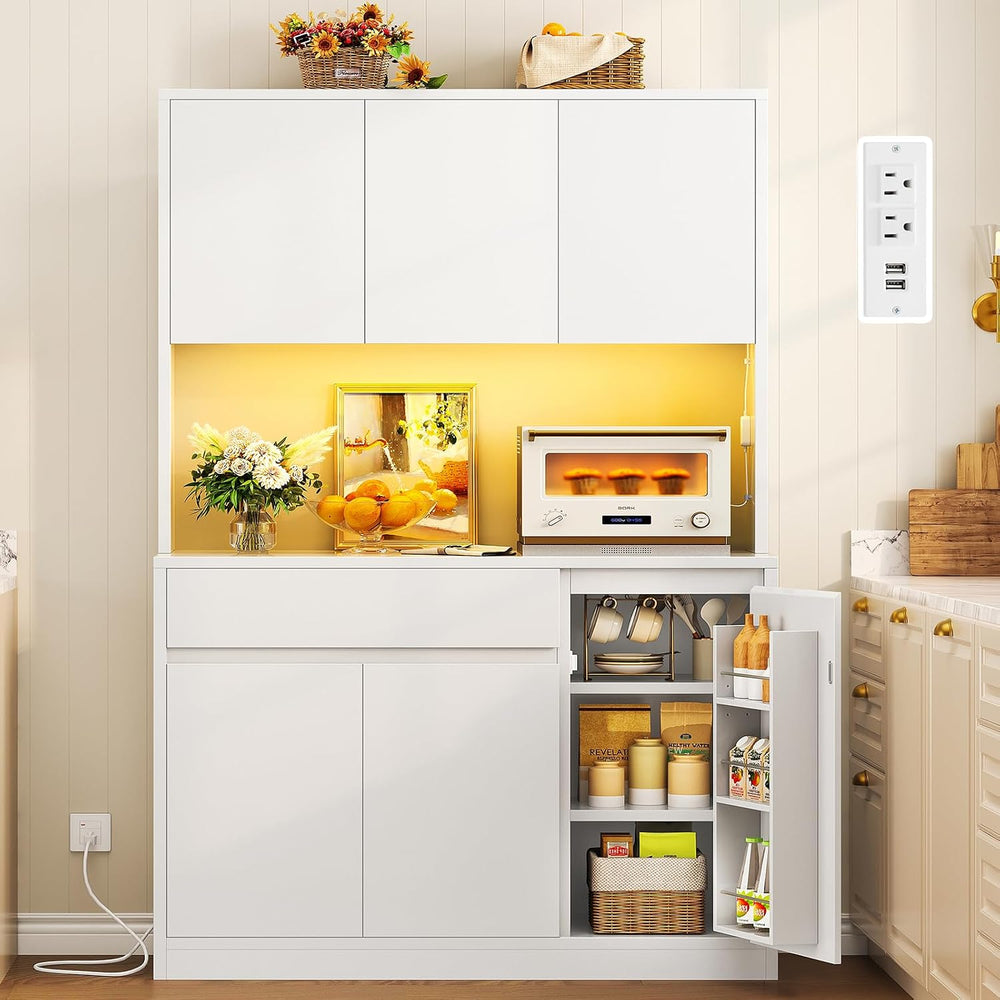 TEENFON Pantry Cabinet with Charging Station and LED Light, Kitchen Pantry Ca...
