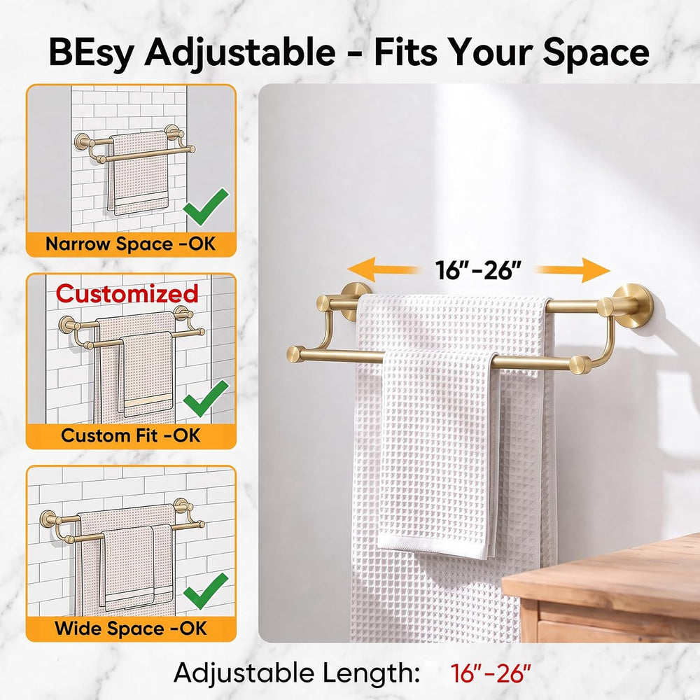 BESy Double Towel Bar Towel Rack for Bathroom Wall Mounted Brushed Gold