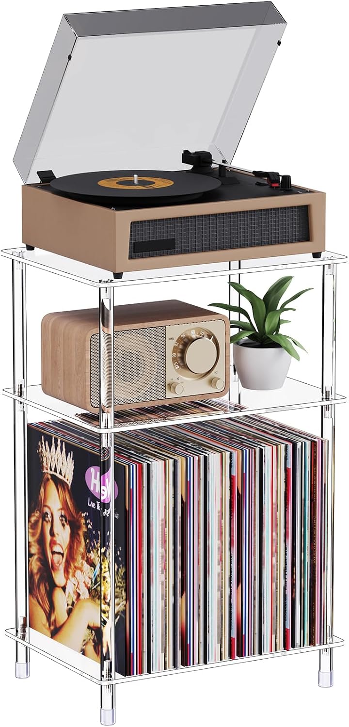 Clear Acrylic Record Player Stand with Vinyl Storage, 15.75" L x 11.81&q...