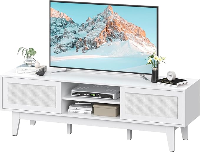 Boho TV Stand for 55 65 Inch TV, Rattan Entertainment Center with Shelves, Ca...