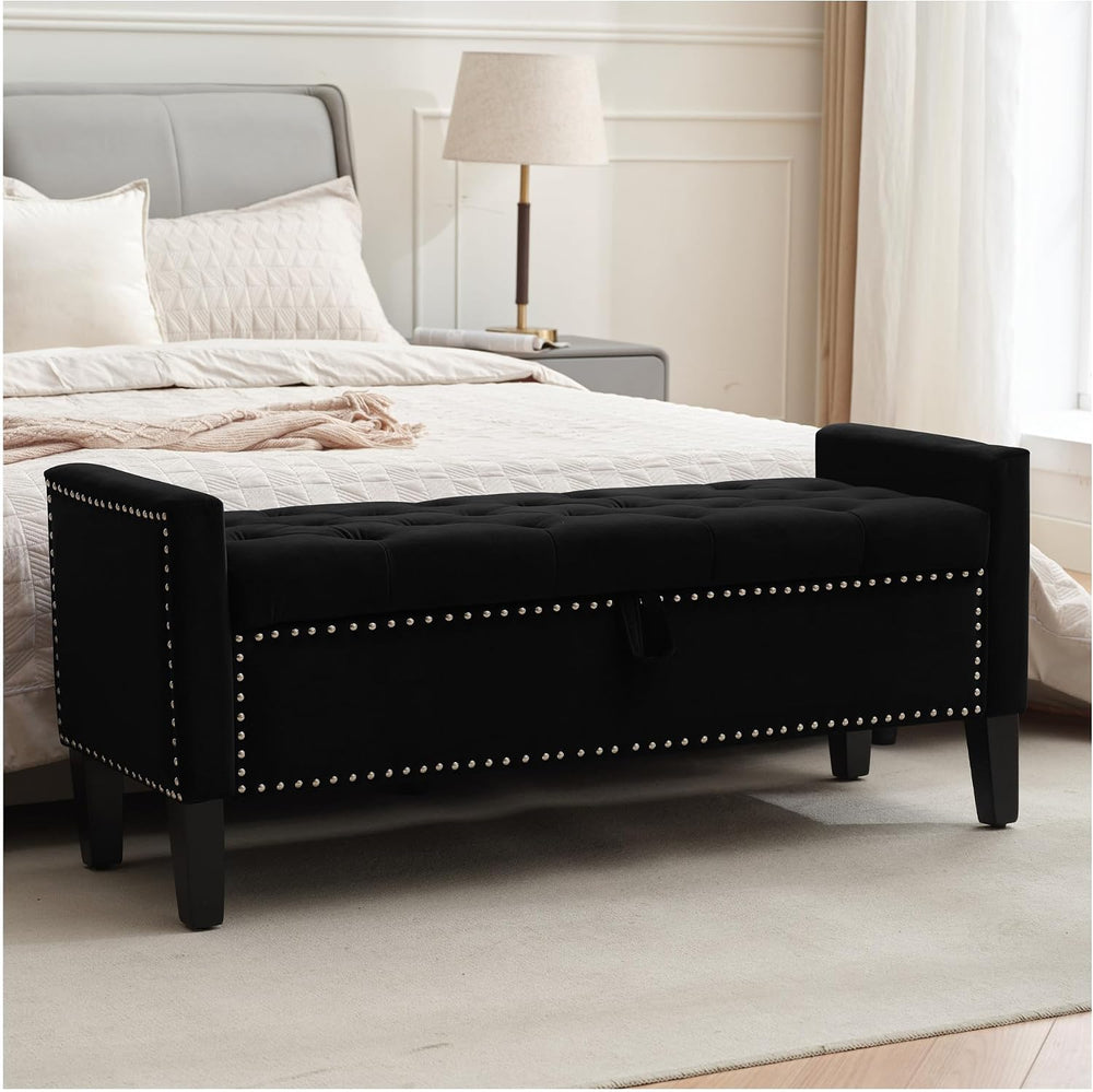 Storage Ottoman Bench, Velvet Upholstered Footstool for Bedroom and Living Ro...