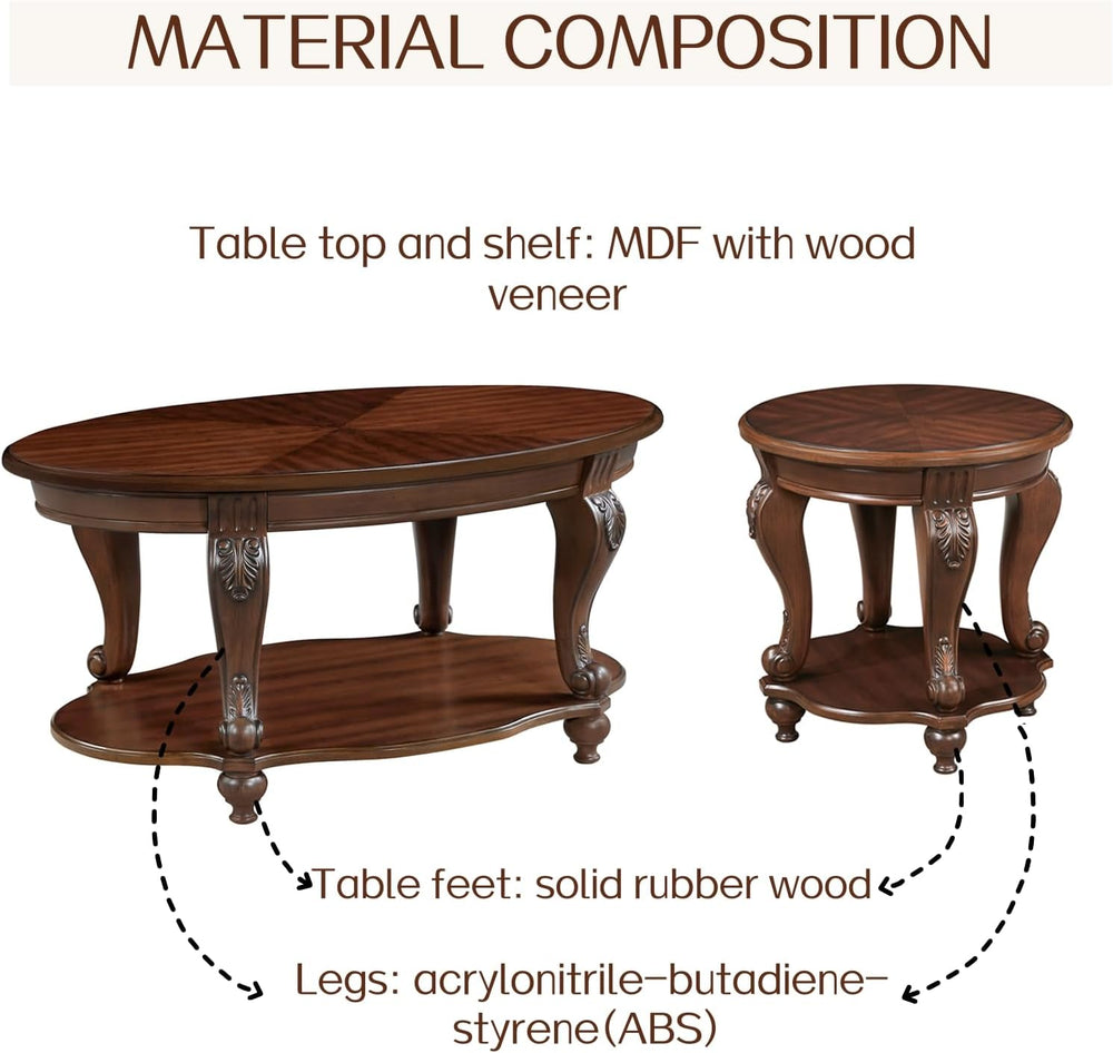 LKTART Oval Wood Living Room Coffee Table and End Table Set of 3, Cherry