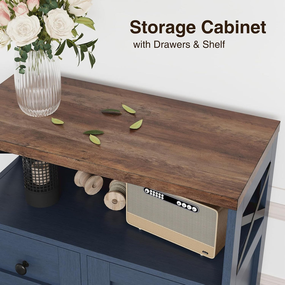 Farmhouse Storage Cabinet with Drawers, Small Kitchen Pantry Cabinet, Blue