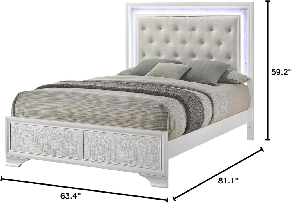 Modern Queen Size 1pc Bed Crisp White Textured Finish Tufted Headboard Integr...