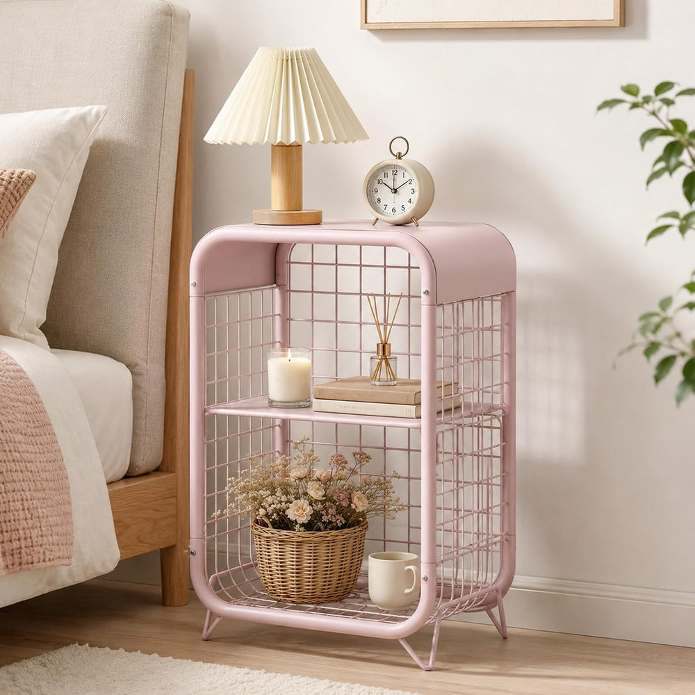 Pink Nightstand with Storage, Metal End Table, 3-Tier Side Table, Narrow Beds...