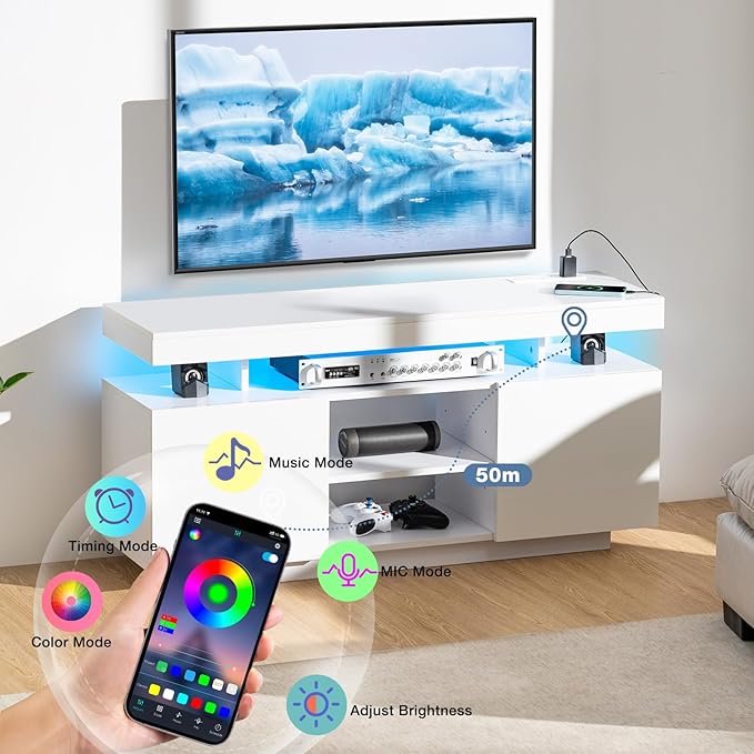 HOMMPA Modern LED TV Stand for 55/50/43/40/32 inch TV with Power Outlets, Gam...