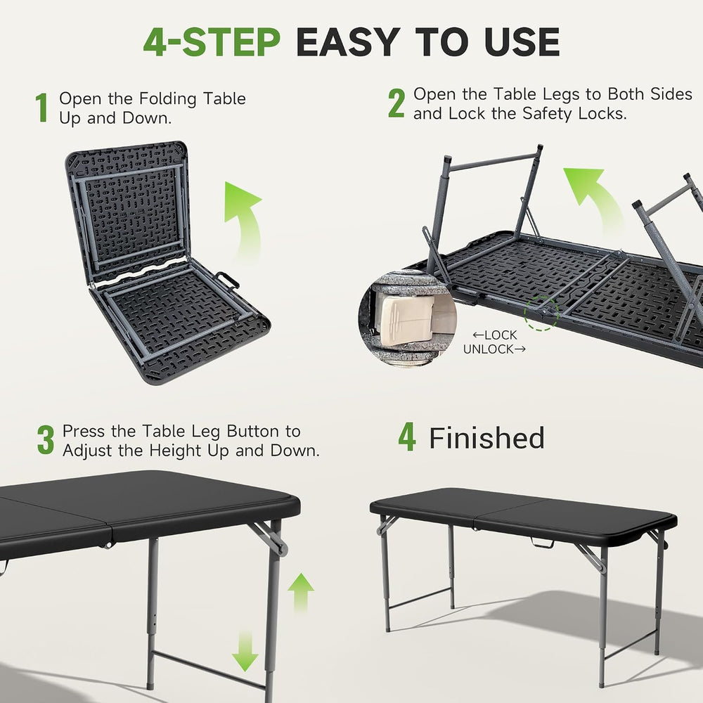 4 FT Folding Table, 3-Position Adjustable Height, Heavy Duty 400 lbs Capacity...