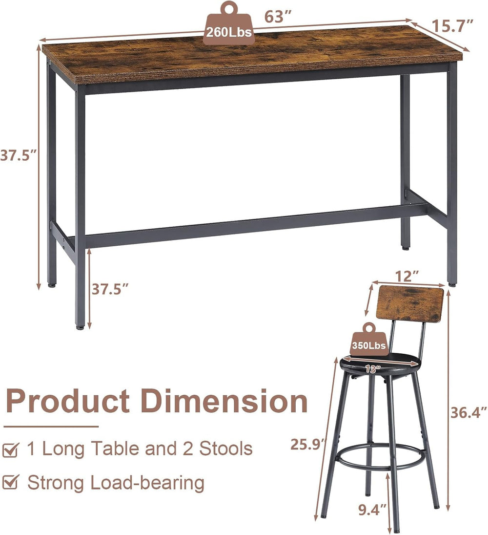 Bar Table and Chairs Set for 3, 63" L Rectangle Sofa Table, Brown | Bar ...
