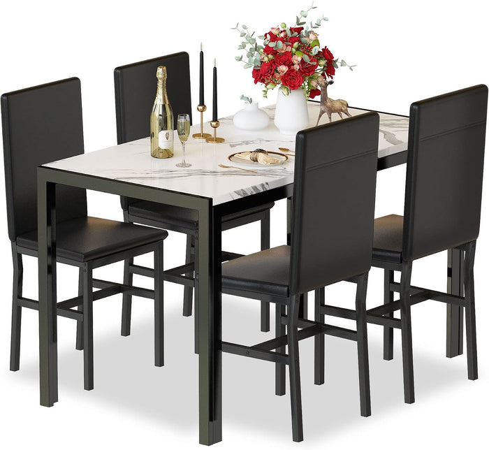 Hooseng 5-Piece Dining Table Set for 4 with Faux Marble Top & Velvet Chairs, Space Saving Modern Kitchen Table Set for Small Spaces, Apartments