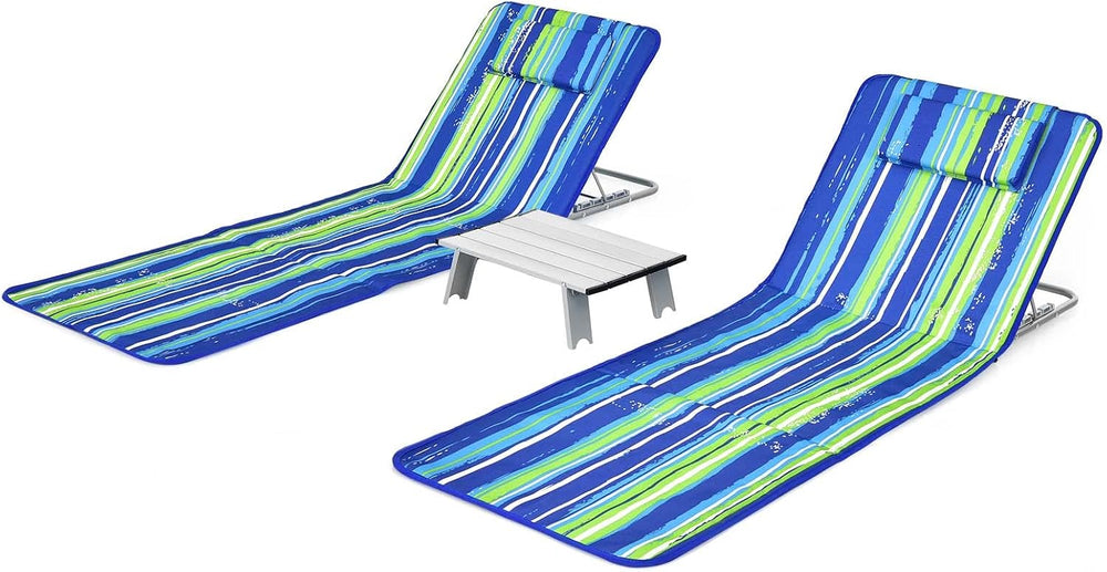 GIANTEX 2 Pack Folding Beach Chairs with Side Table, Stripe