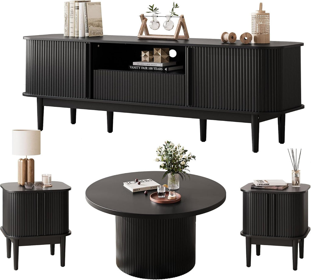 MAISONARIA Living Room Table Sets of 4, Sliding Doors End Table & TV Stan...
