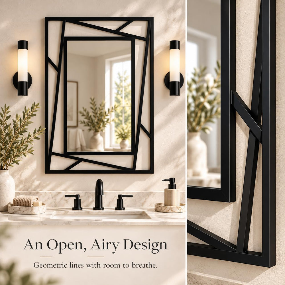 Black Geometric Wall Mirror, 36 x 24 Inch Decorative Metal Framed Bathroom Mi...