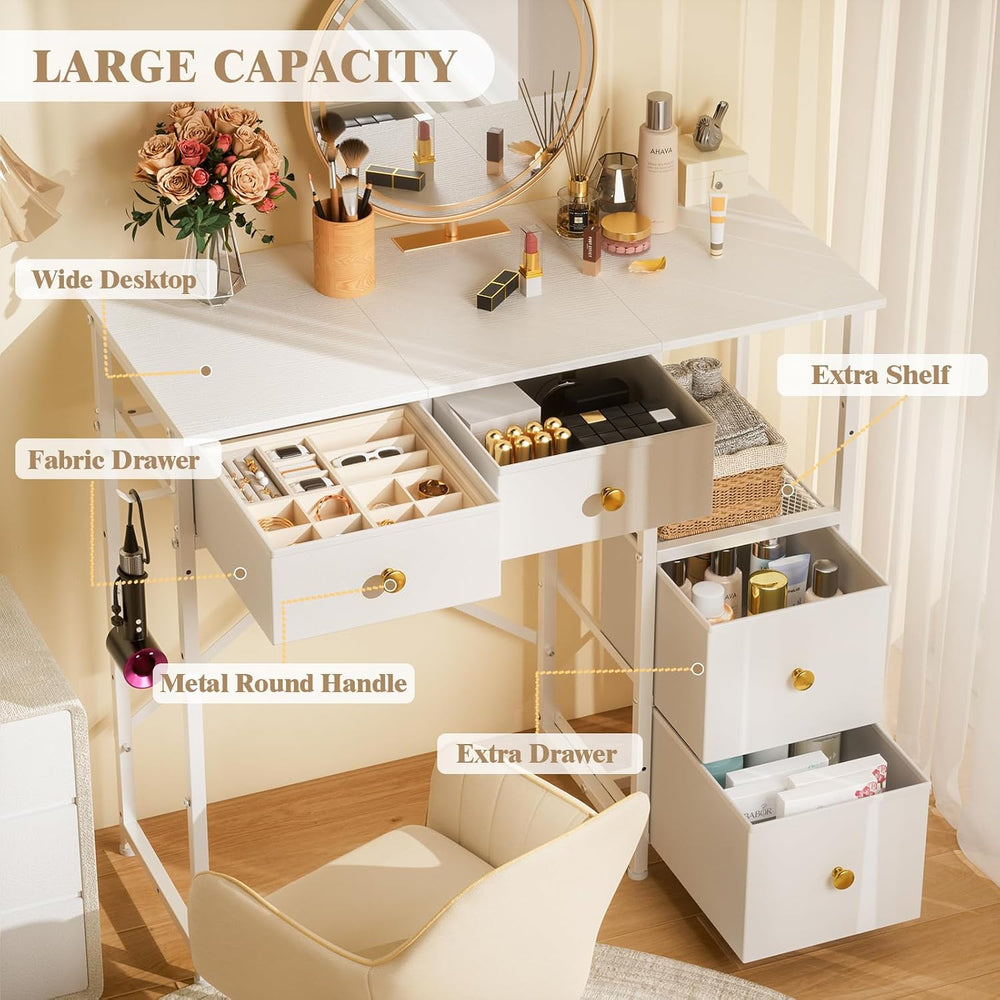 3IngSeagulls White Vanity Desk Without Mirror, Small Makeup Desk with 4 Fabri...
