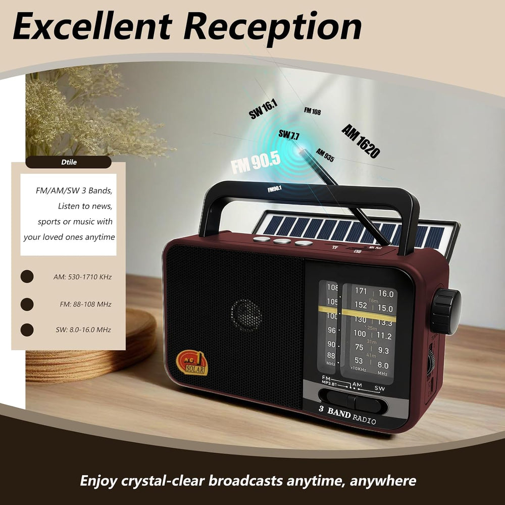 Portable AM FM Shortwave Radio, Bluetooth Solar Powered Emergency Radio