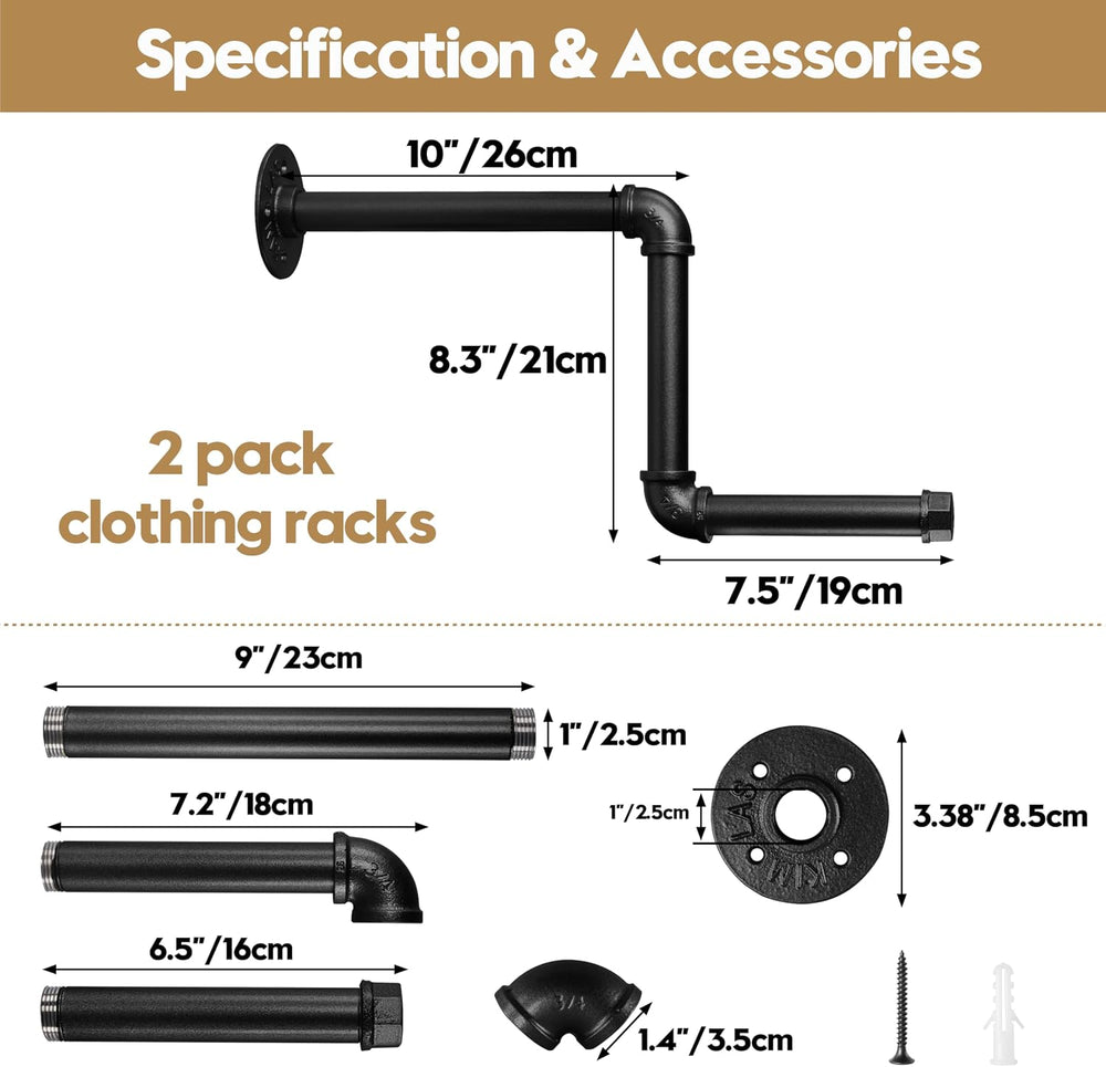AddGrace Pipe Clothing Rack Wall Mounted Clothes Rack Black 10"&7.5&...