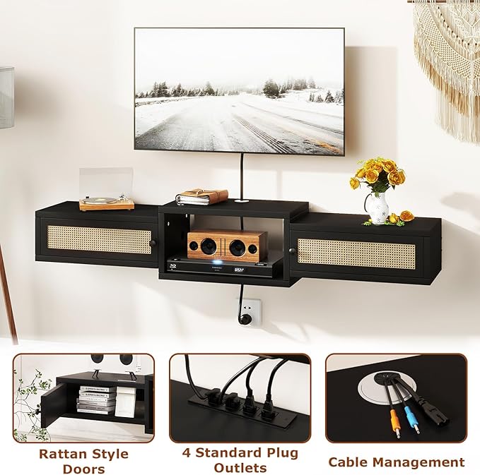 IBUYKE Modern Rattan Floating TV Stand with Doors,Wall Mounted TV Shelf for T...