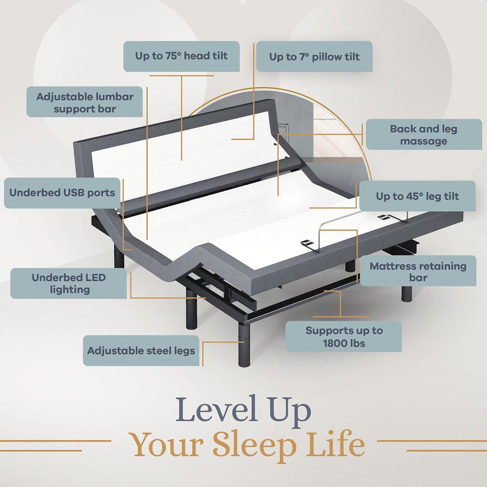 Sven & Son Bliss Adjustable Bed Base Frame Only, Head and Foot Lift, Lumb...