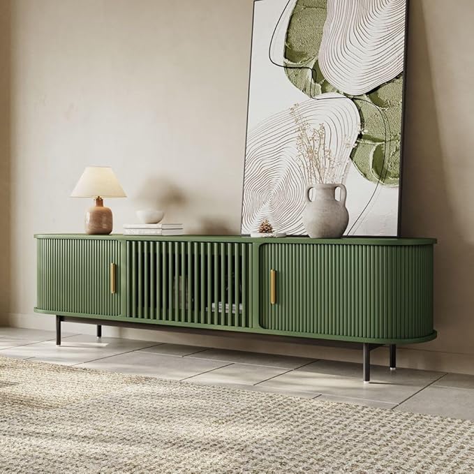 POVISON Fully-Assembled Modern Green TV Stand with Tambour Doors, Fluted TV M...