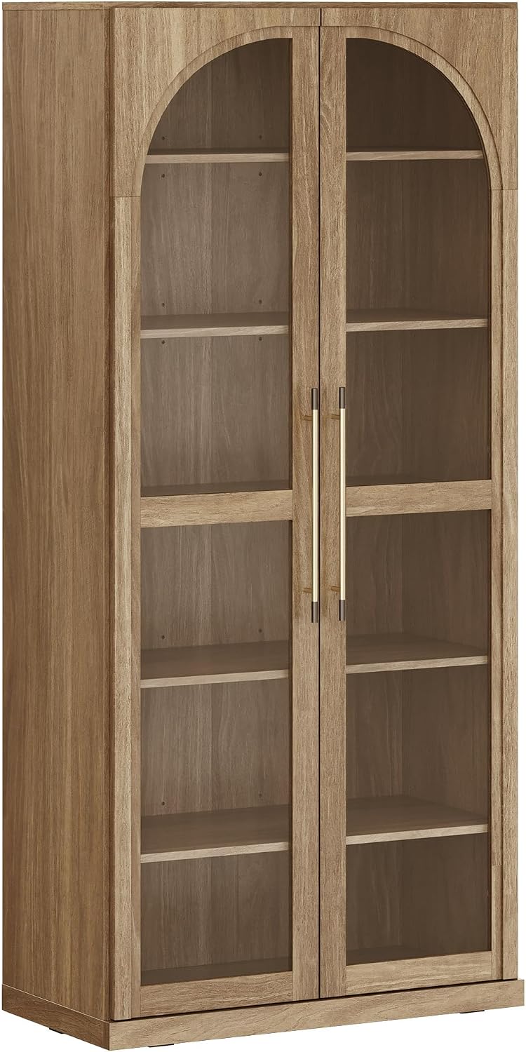 BELLEZE 67" Tall Glass Display Cabinet, Modern Wood Curio Cabinet Bookca...