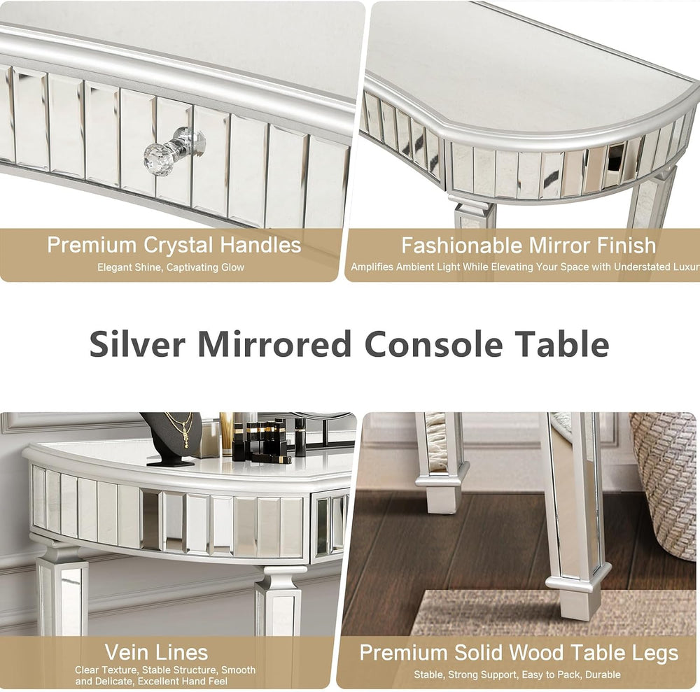 Half-Moon Mirrored Sofa Table with Storage, Semi Circle Entryway Console Tabl...